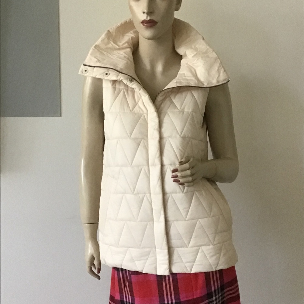 Eileen‎ Fisher Icing Pale Pink Chevron Quilted Puffer Vest Hi Stand Collar XXS